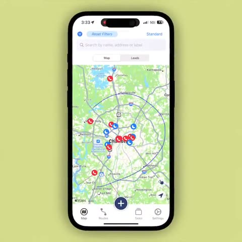 Screen recording: lassoing a group of leads on the map, then tapping Start Route to get every door in optimized order